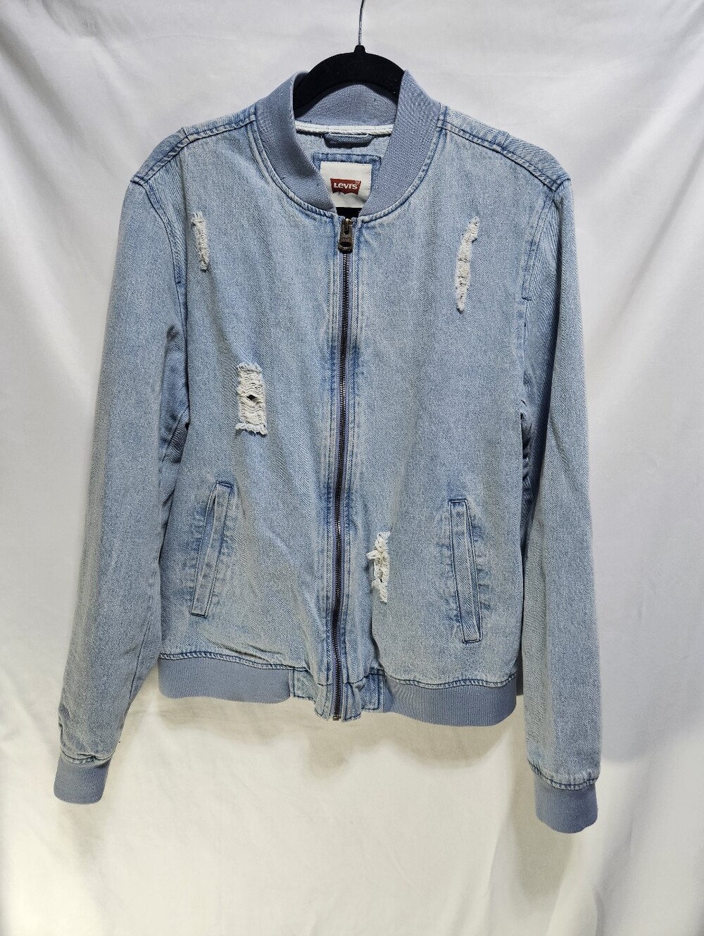 Levi's Distressed Denim Bomber Jacket Medium Light Wash Zip Front Cotton Jean